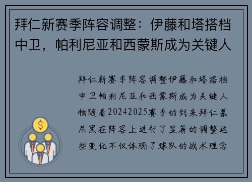 拜仁新赛季阵容调整：伊藤和塔搭档中卫，帕利尼亚和西蒙斯成为关键人物