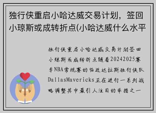 独行侠重启小哈达威交易计划，签回小琼斯或成转折点(小哈达威什么水平)