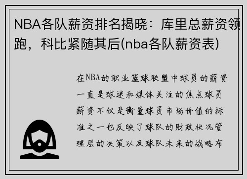 NBA各队薪资排名揭晓：库里总薪资领跑，科比紧随其后(nba各队薪资表)