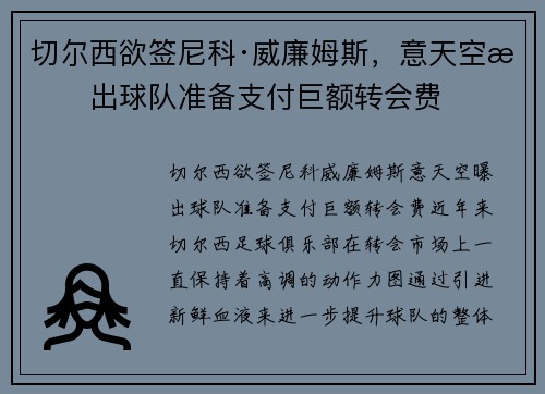切尔西欲签尼科·威廉姆斯，意天空曝出球队准备支付巨额转会费