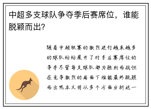 中超多支球队争夺季后赛席位，谁能脱颖而出？