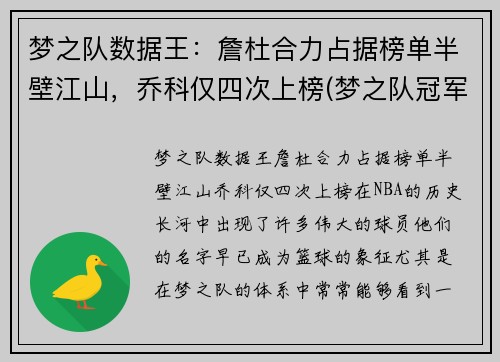 梦之队数据王：詹杜合力占据榜单半壁江山，乔科仅四次上榜(梦之队冠军詹皇怎么获得)