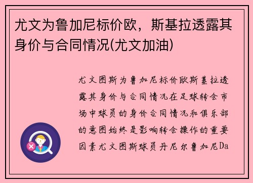 尤文为鲁加尼标价欧，斯基拉透露其身价与合同情况(尤文加油)