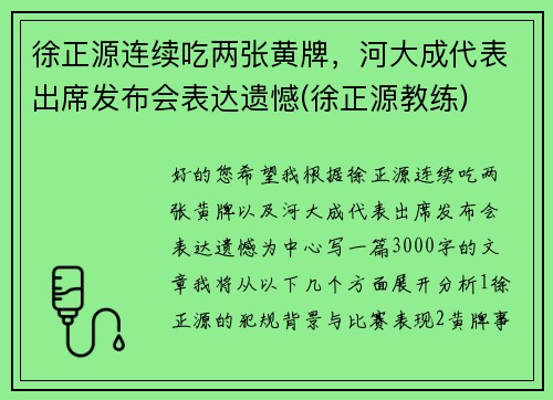 徐正源连续吃两张黄牌，河大成代表出席发布会表达遗憾(徐正源教练)