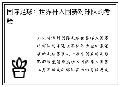 国际足球：世界杯入围赛对球队的考验