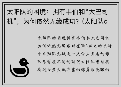 太阳队的困境：拥有韦伯和“大巴司机”，为何依然无缘成功？(太阳队cam)