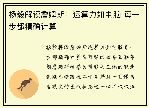 杨毅解读詹姆斯：运算力如电脑 每一步都精确计算
